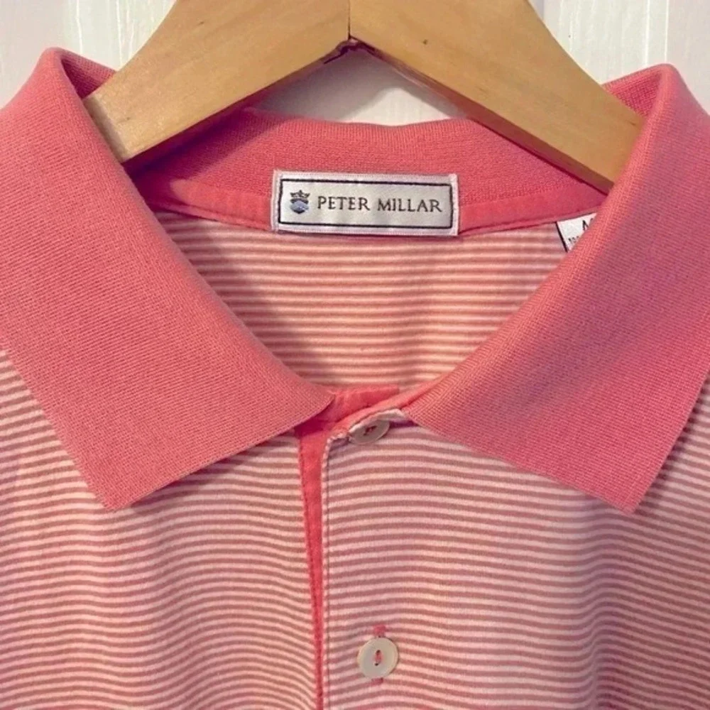 Peter Millar Mens Coral Pink White Striped Lighthouse Polo‎ Shirt Size M Cotton